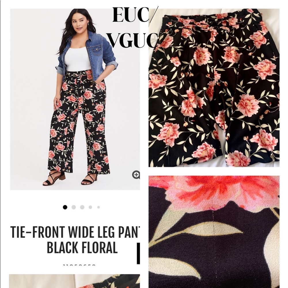 Black Floral Tie-Front Wide Leg Pant - Torrid